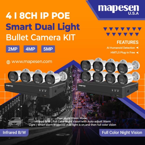 Mapesen KIT IP POE CAMERA AUDIO COLORVU 5MP Kit de Vidéosurveillance Mapesen Smart Dual Light IP PoE 5MP (4 ou 8 Canaux)