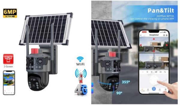 Caméra de Surveillance Solaire 4G/WiFi 6MP – 3 Objectifs avec Rotation 360° et Vision Nocturne Ultra-Nette.