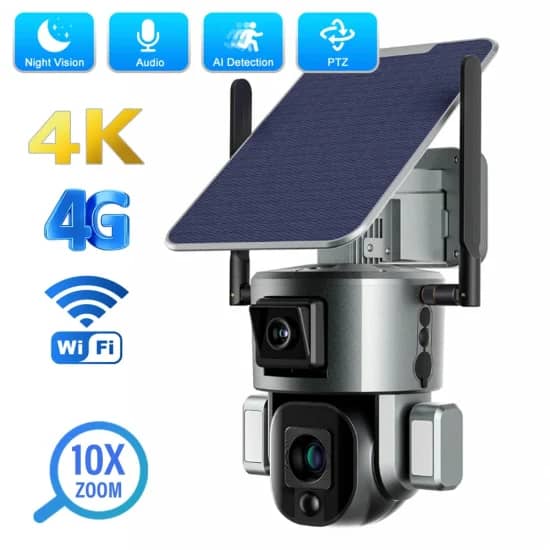 Caméra de Surveillance Solaire PTZ 4K – Double Objectif, Zoom 10X et Connectivité Hybride WiFi/4G.