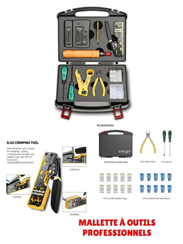WhatsApp Image 2026-02-05 at 19.19.31 : Kit d'outils réseau professionnel Zoerax - Mallette de sertissage RJ45 complète (Pass-Through)