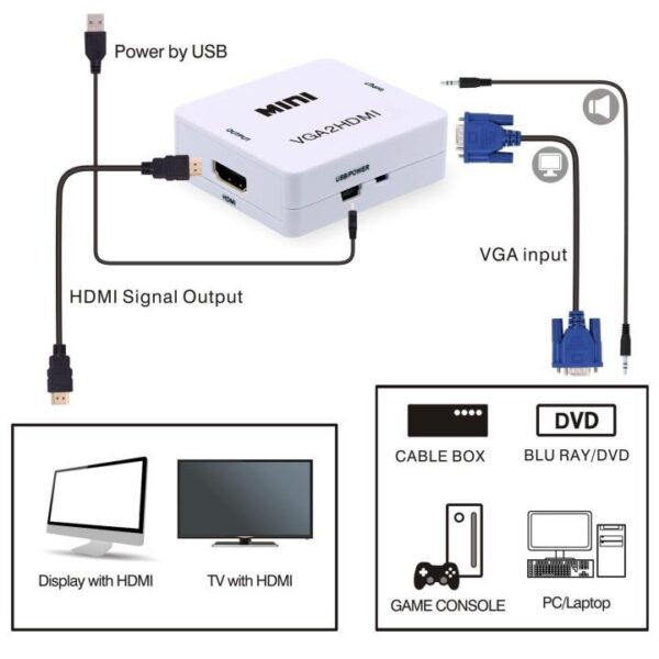 Convertisseur Mini VGA vers HDMI avec Entrée Audio Jack 3.5mm – Full HD 1080p